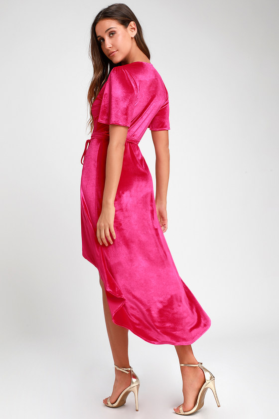 Amour Hot Pink Velvet High-Low Wrap Dress