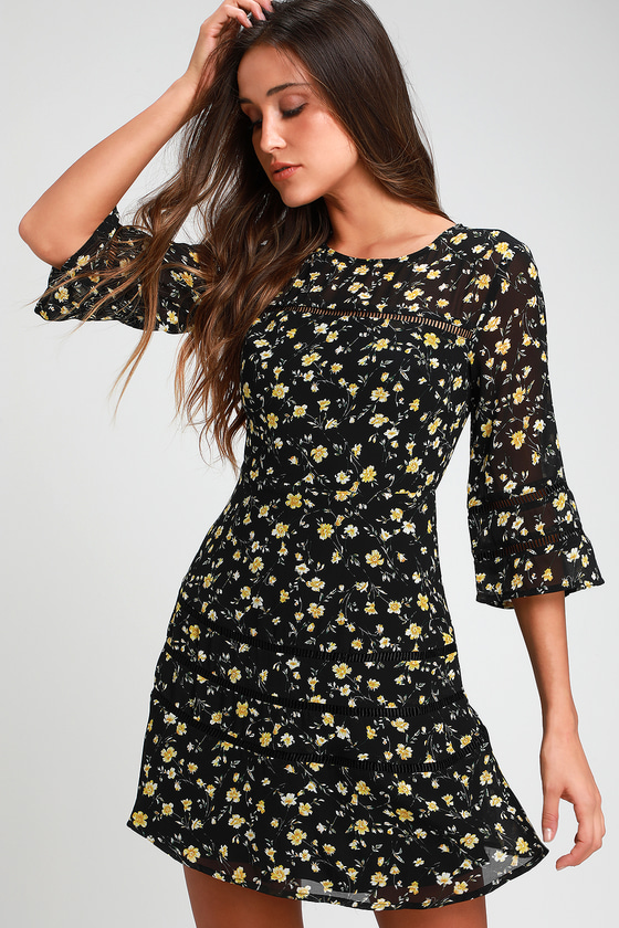 Black Floral Print Dress - Three-Quarter Sleeve Dress - Dress - Lulus