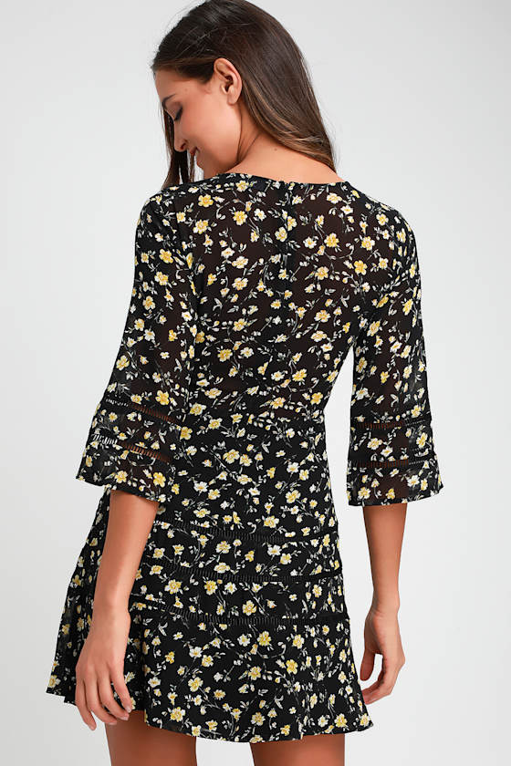 Blue Floral Print Three Quarter Sleeve Dress main image 0