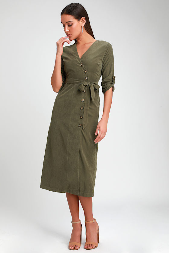 Chic Olive Green Dress ButtonUp Dress Mid Dress Dress Lulus