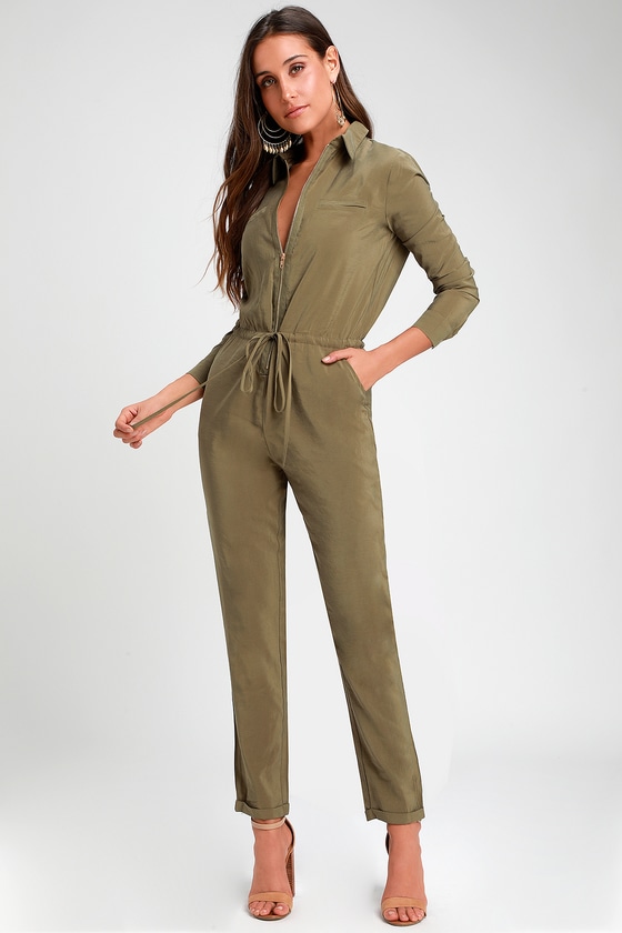 Washed Olive Green Jumpsuit - Long Sleeve Jumpsuit - Jumpsuit - Lulus