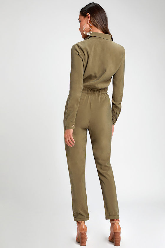 Washed Olive Green Jumpsuit Long Sleeve Jumpsuit Jumpsuit Lulus