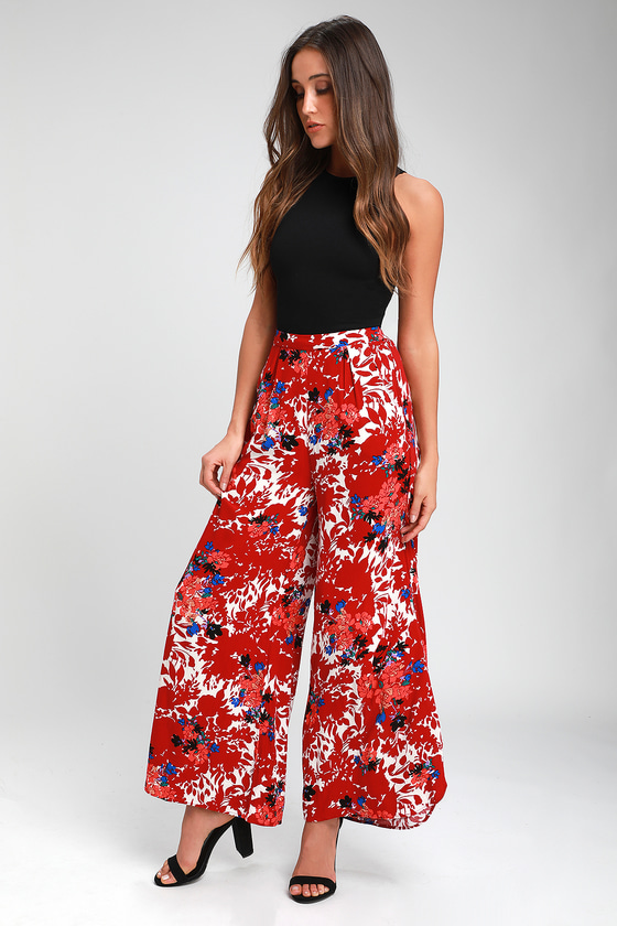 Free People Late Night - Red Floral Print Wide-Leg Pants - Lulus