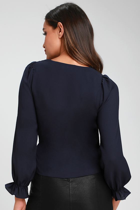 Chic Navy Blue Top Long Sleeve Top Wrap Top Surplice Top