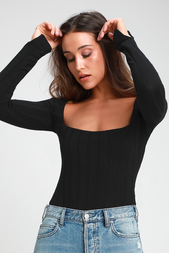 Free People Beside Me - Black Bodysuit - Square Neck Bodysuit - Lulus