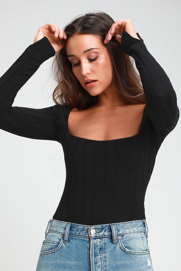 Free People Close Call Duo Bodysuit Black Long Sleeve V Neck XS NWT $58