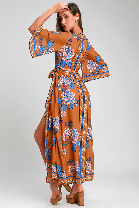 orange floral wrap dress