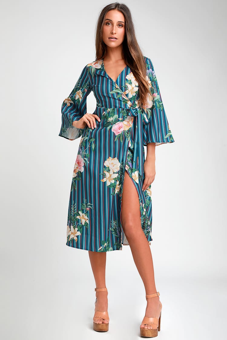 Cute Blue Dress - Striped Dress - Floral Print Dress - Wrap Midi - Lulus