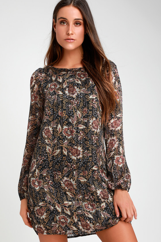 Lovely Black Floral Print Dress - Long Sleeve Dress - Shift Dress - Lulus