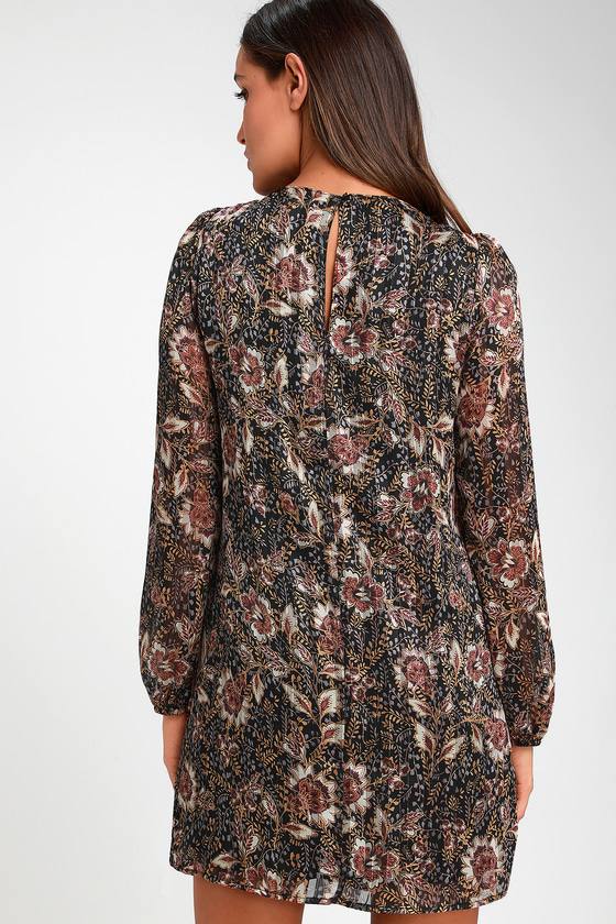 Lovely Black Floral Print Dress - Long Sleeve Dress - Shift Dress - Lulus