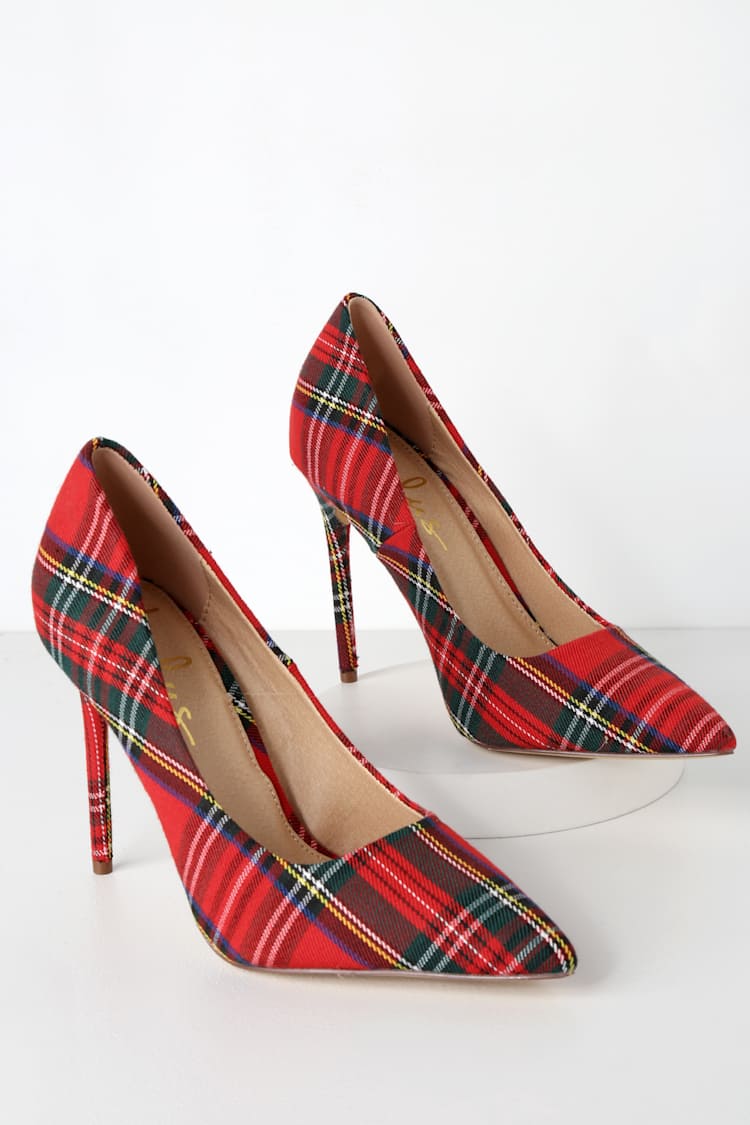 red plaid high heels