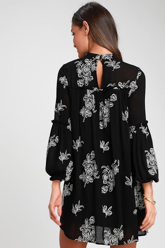 Embroidered Shift Dress in Black