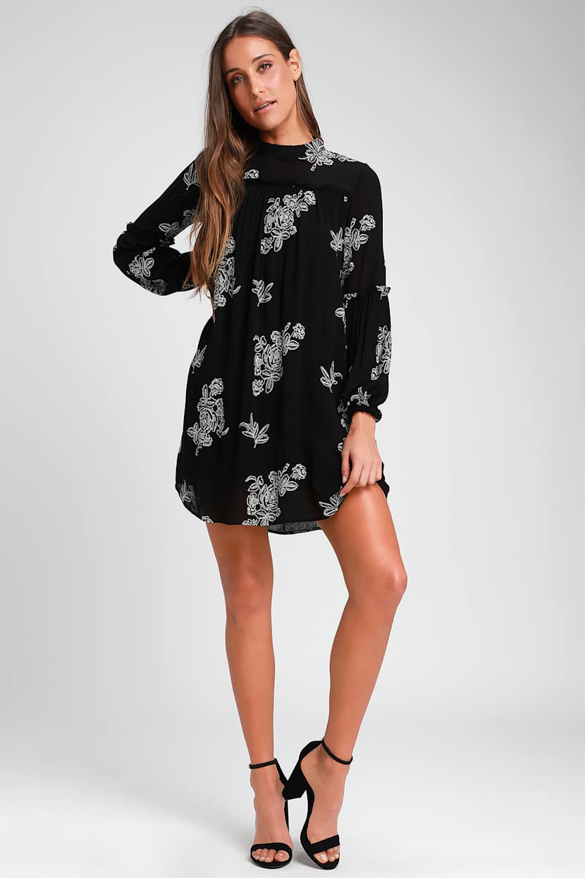 Lulus - Black Embroidered Shift Dress - Long Sleeve Shift Dress