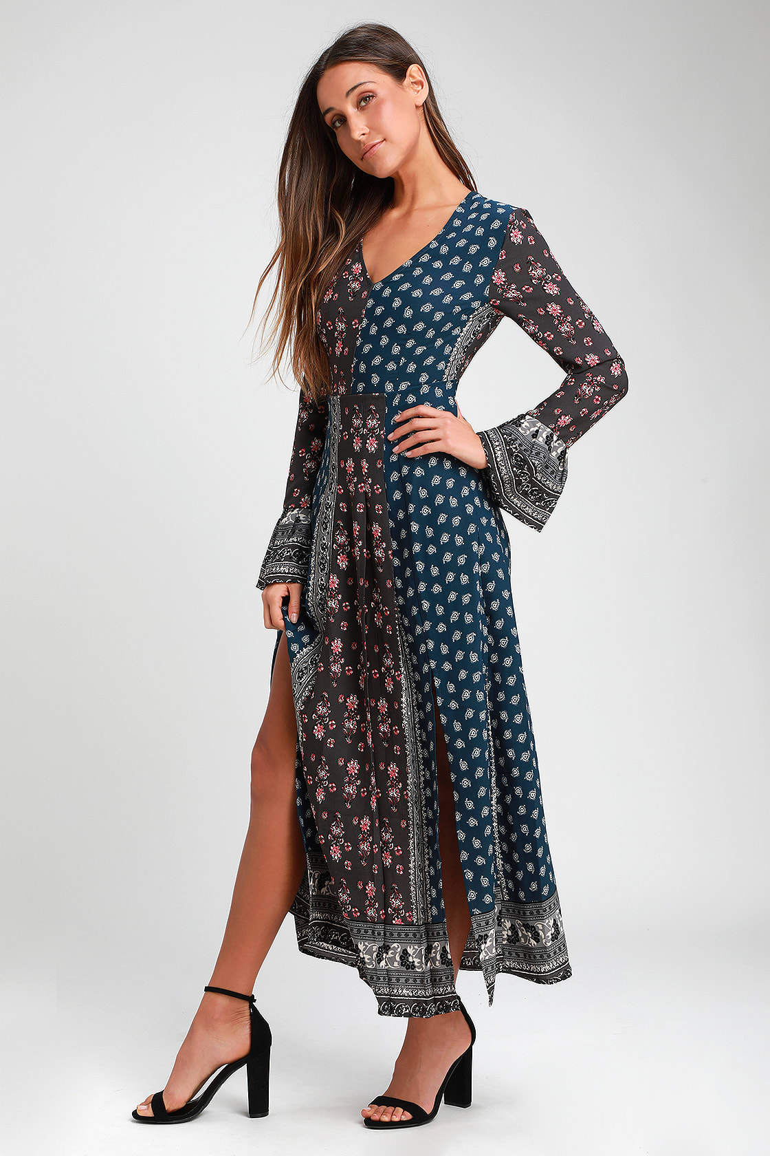 Boho Dark Blue Print Maxi Dress - Print Long Sleeve Maxi Dress - Lulus