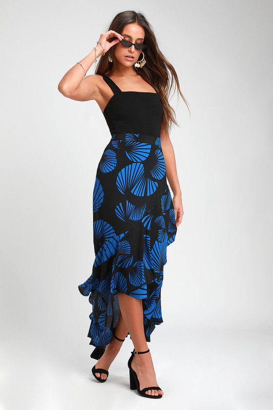 Flamenco Black Print Ruffled High-Low Midi Skirt