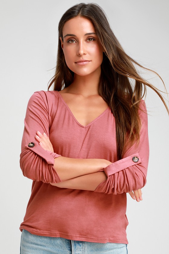 Cute Rusty Rose Knit Top - V-Neck Top - Three-Quarter Sleeve Top - Lulus