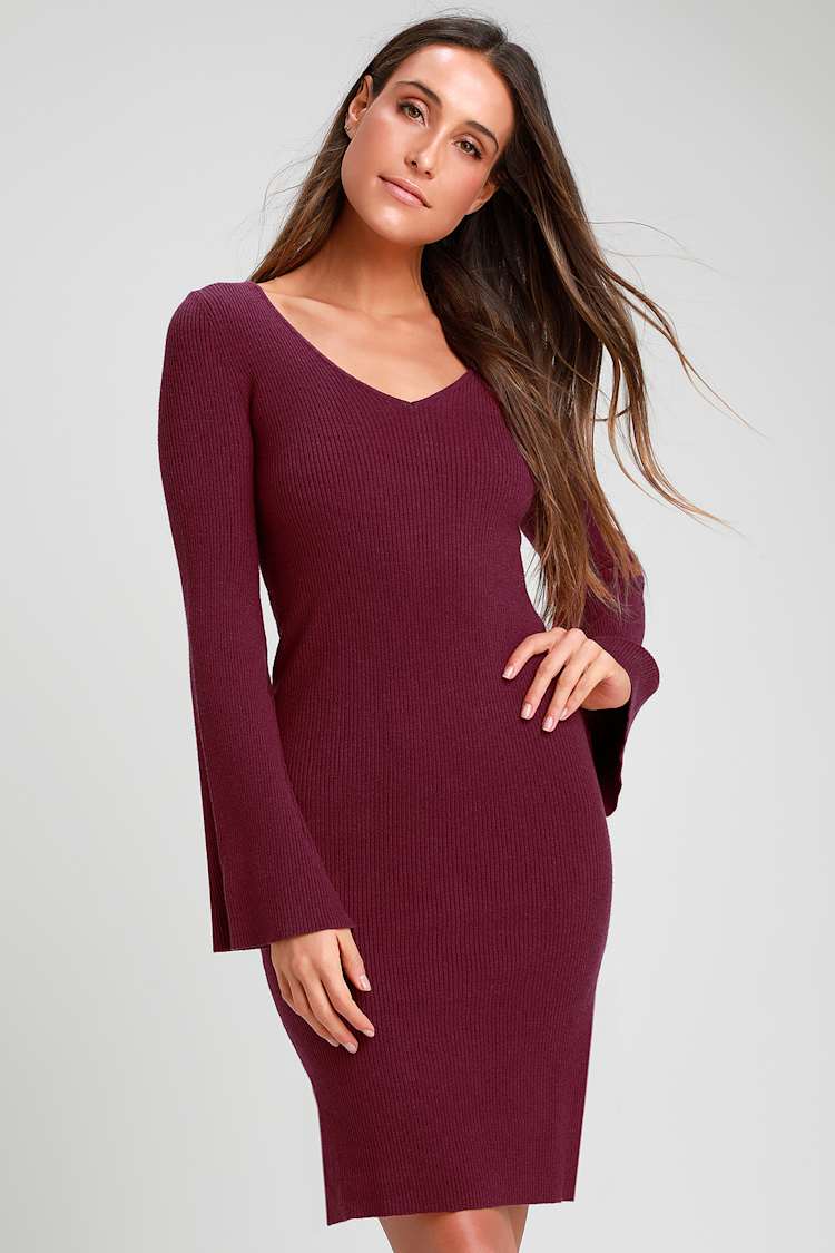 Chic Berry Sweater Dress - Bell Sleeve Sweater Dress - Knit Dress