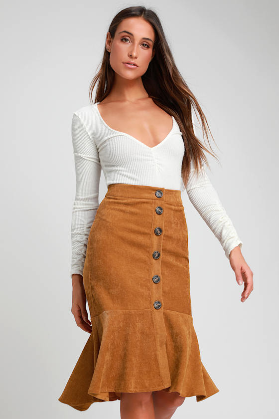 Doing My Thing Camel Corduroy Trumpet Hem Midi Skirt 1