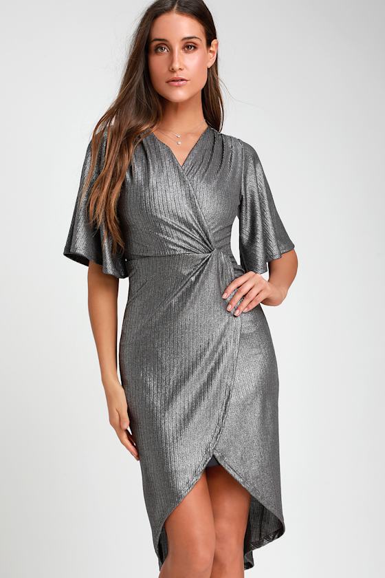 Pretty Charcoal Metallic Dress Midi Dress Midi Wrap Dress Lulus