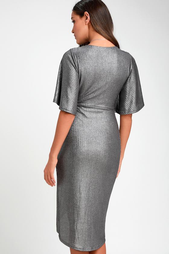You're the Stun Charcoal Grey Metallic Knotted Midi Dress 3