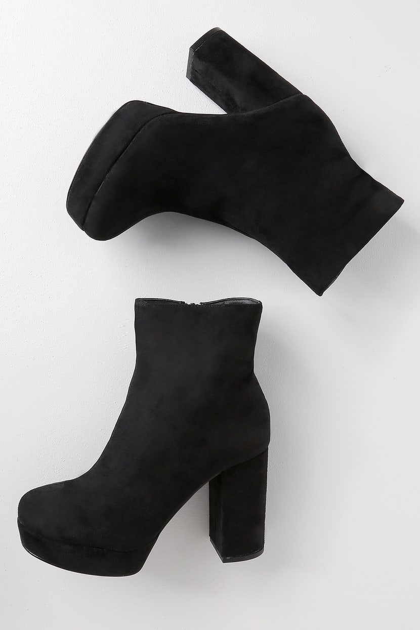 Lulus | Layne Black Suede Platform Ankle Booties | Size 8.5 | Vegan Friendly