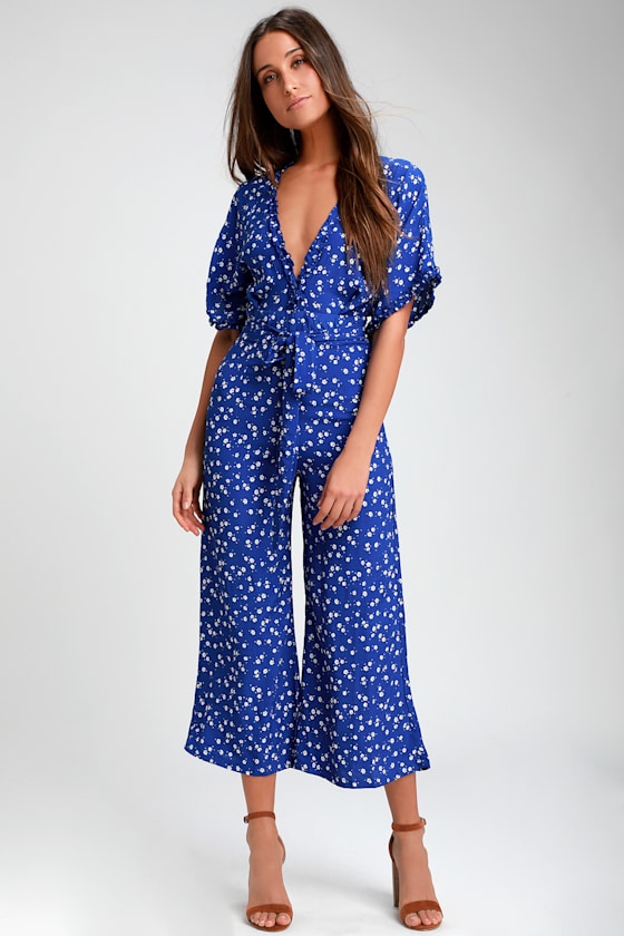 La Villa Cobalt Blue Floral Print Wide-Leg Jumpsuit 1