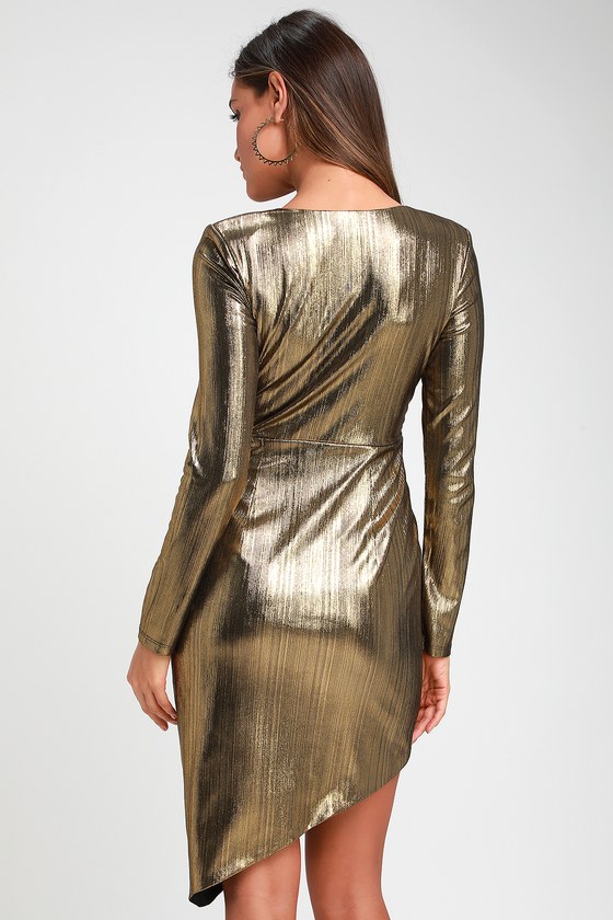 Violet Gold Metallic Long Sleeve Asymmetrical Mini Dress