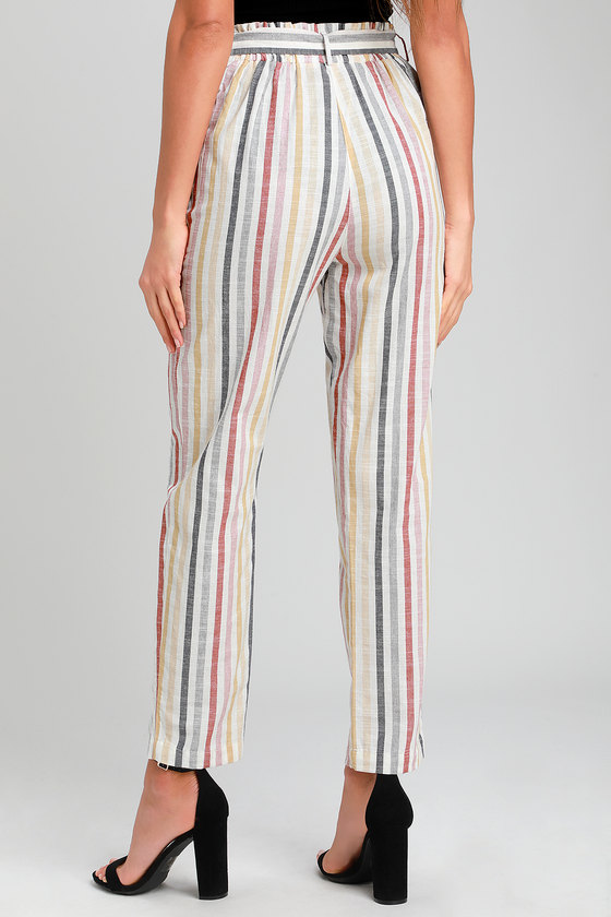 Breezy Ivory Multi Striped Pants - Linen Pants - Belted Pants - Lulus