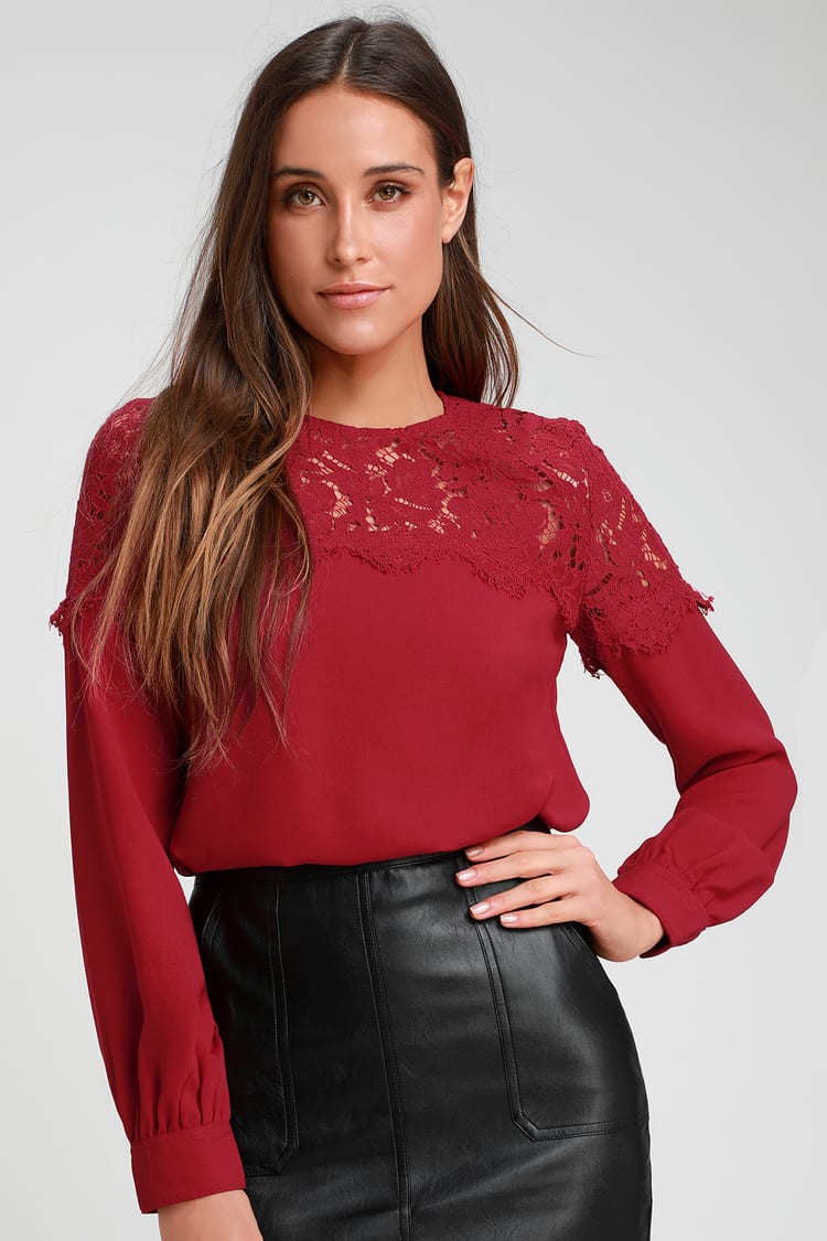 Lace - Dark Red Blouse - Long Sleeve Top - Red Top Lulus