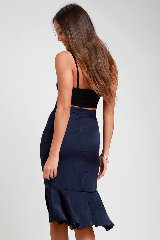 black top with navy blue skirt