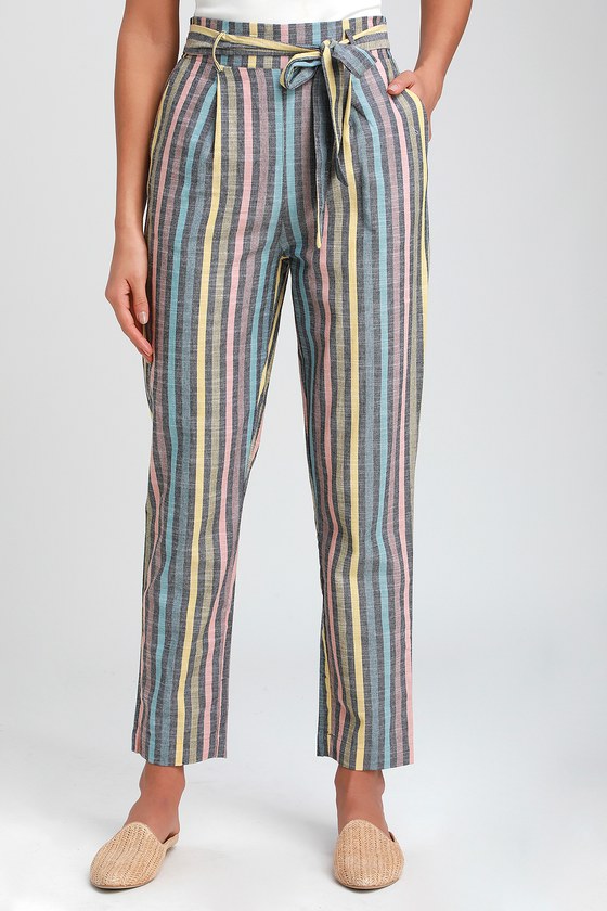 gray and black striped pants