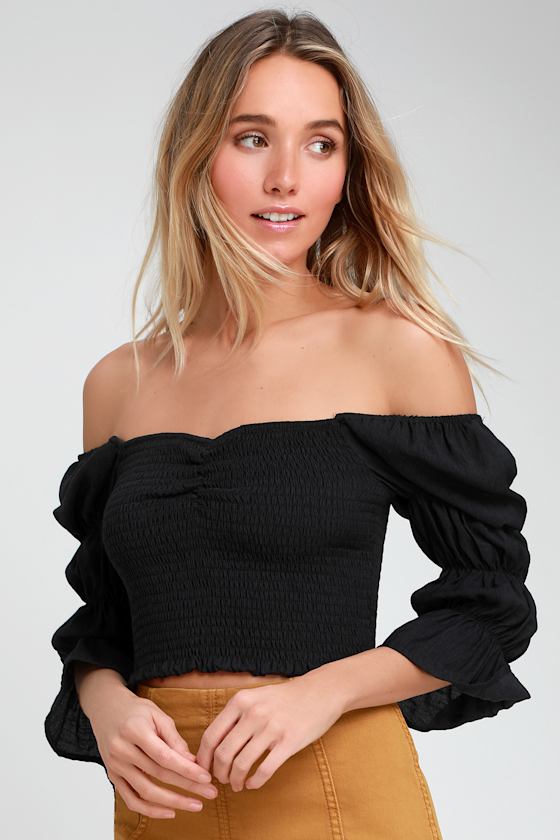 Savia Black Smocked Puff Sleeve Crop Top 5