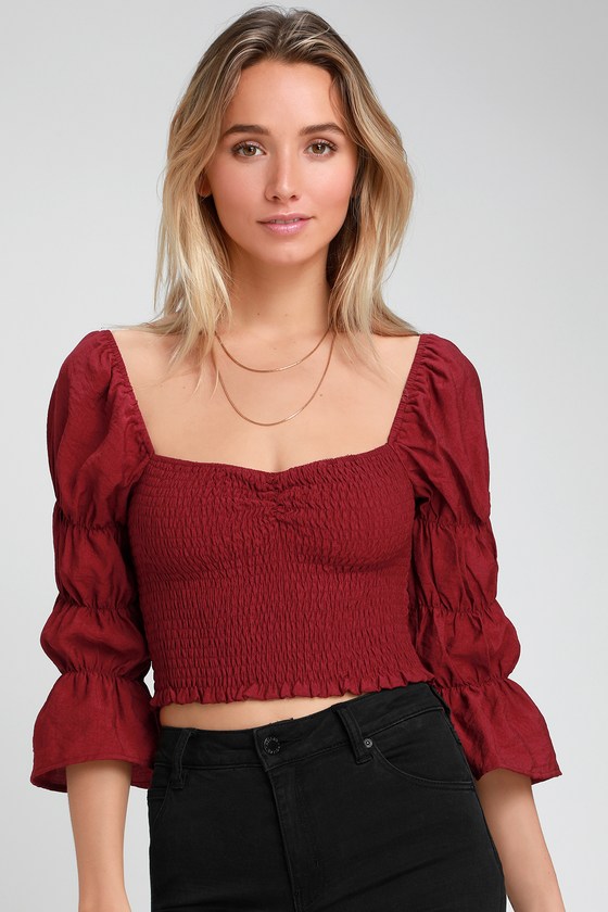 Lulus Burgundy Crop Top - Smocked Crop Top - Puff Sleeve Crop Top