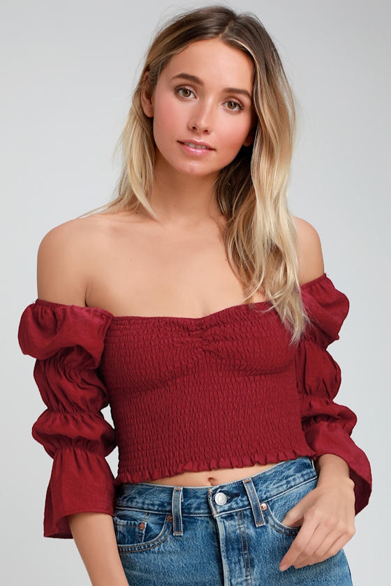 Savia Burgundy Smocked Puff Sleeve Crop Top 5