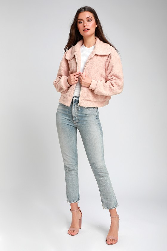 Blush Pink Teddy Jacket Cropped Jacket Cropped Teddy Coat Lulus