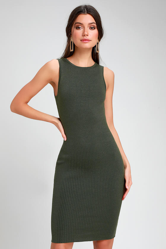 Breathtaking Olive Green Ribbed Back Cutout Bodycon Midi Dress 1