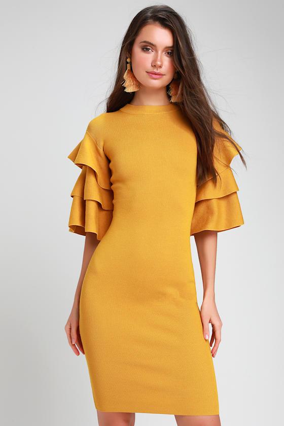 Omna Mustard Yellow Statement Sleeve Midi Dress 2