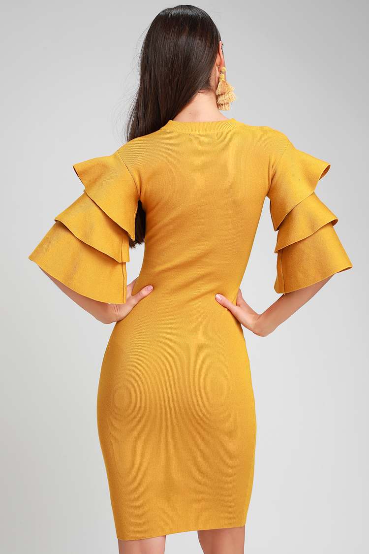 mustard yellow bodycon midi dress Chic - Statement Sleeve Dress - Dress SIZE:Size 7 published_date:2025-12-09T18:00:55Z Great for any cup Royal Blue Satin V-Neck