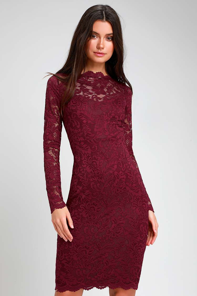 Cute Burgundy Lace Dress - Lace Bodycon Dress - Long Sleeve Dress - Lulus