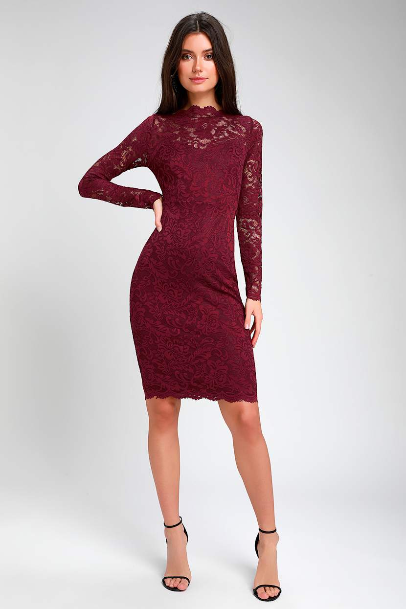 red lace long sleeve bodycon dress Cute Burgundy - Lace Dress - Dress Ego