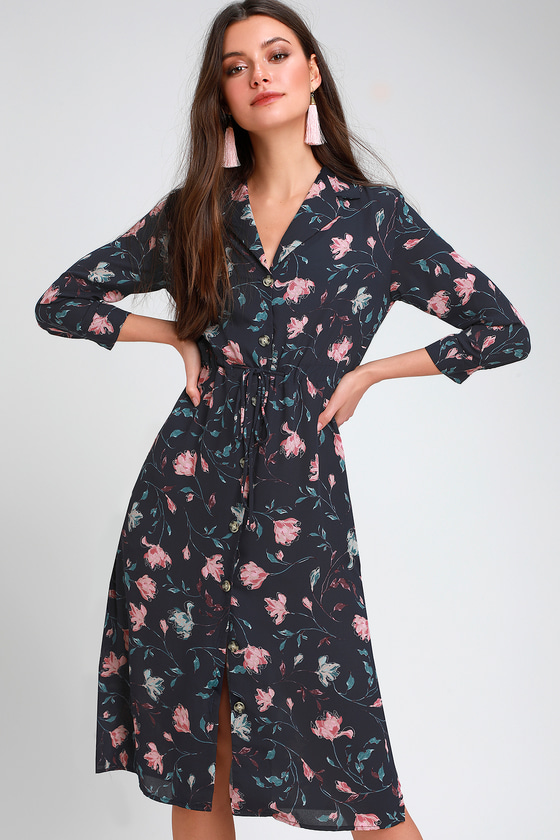 Navy Blue Floral Print Dress - Button ...