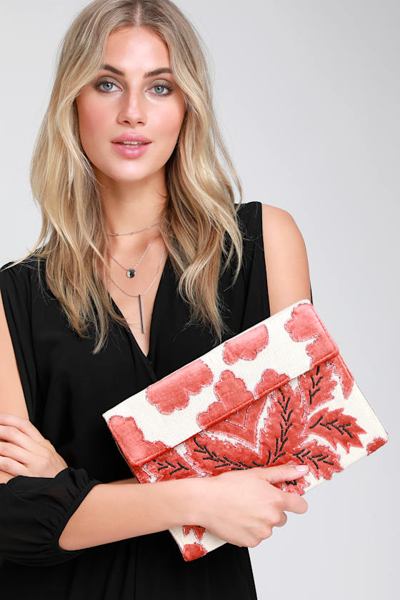 Joyful Days Beige and Rusty Rose Velvet Floral Clutch 6