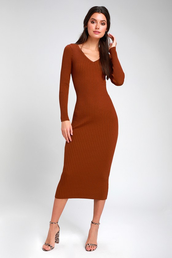 burnt orange ribbed balloon sleeve ruched midi dress