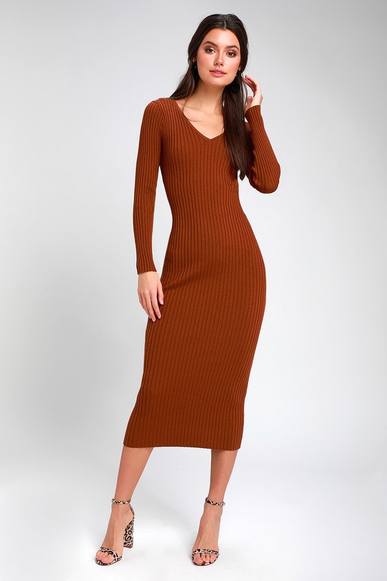 Cute Brown Dress - Ribbed Knit Dress - Bodycon Midi Dress - Dress - Lulus
