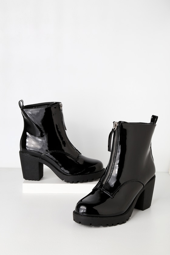 black patent boots with zip up front