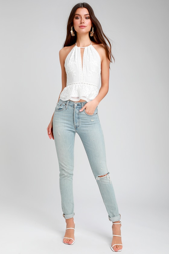 Cute Off White Top - Embroidered Top - Halter Top - Peplum Top - Lulus