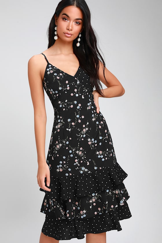 black floral ruffle dress
