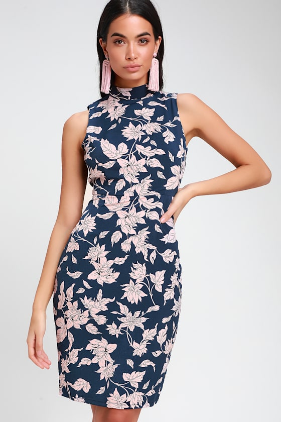 navy blue dress pink flowers