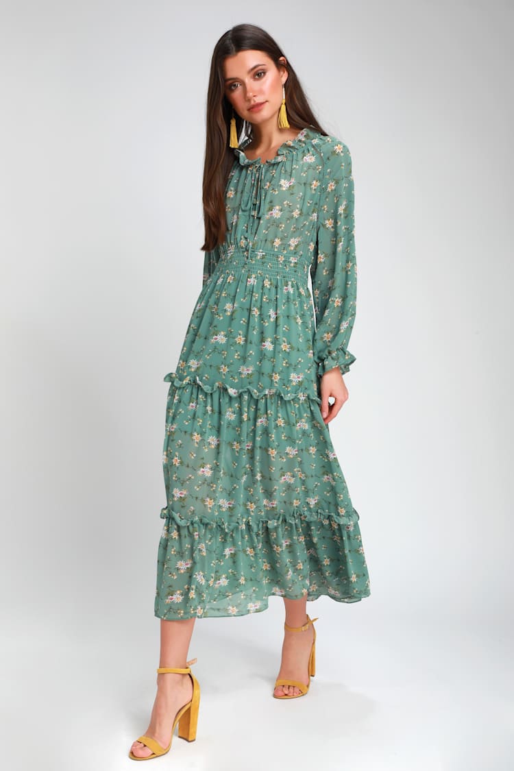 Lovely Sage Green Floral Print Dress - Midi Dress - Long Sleeve - Lulus