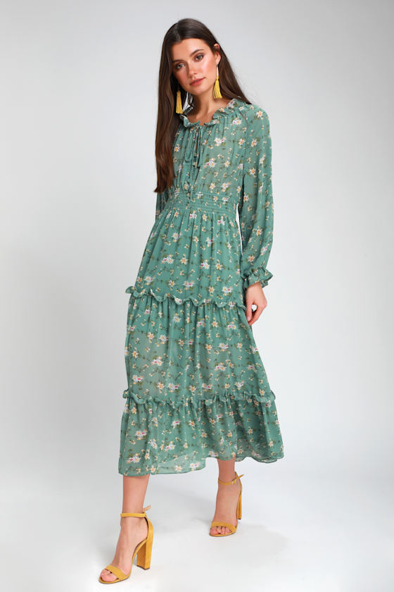 Lovely Sage Green Floral Print Dress Midi Dress Long Sleeve Lulus